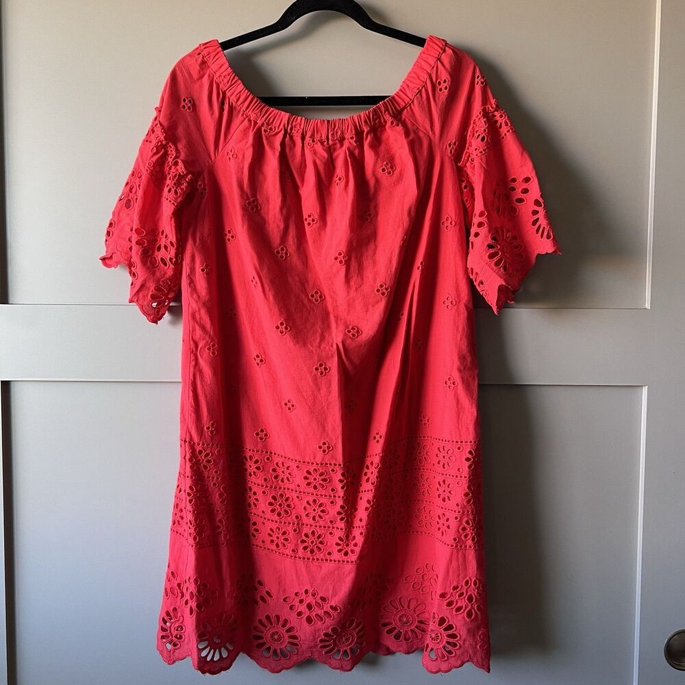 Neiman Marcus Floral Mini Eyelet Dress Women M Off Shoulder Red Beach Feminine